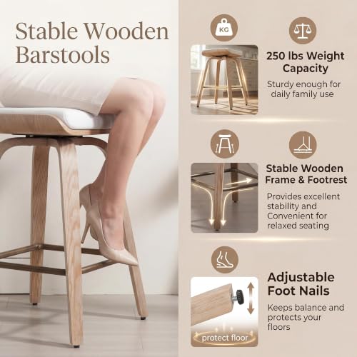 Image of HNY 26 inch Swivel Bar Stools Set of 6, Backless Counter Height Bar Stools with Removable Linen Cushion, 360 Swivel Wooden Saddle Stools with Footrest for Kitchen Island, Home Bar & Small Spaces