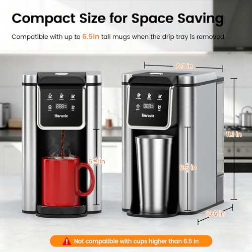 Image of Horavie Single Serve Coffee Maker for K-Cup Pod & Grounds, Hot & Iced Coffee Maker, Strong Button Feature, 6 to 14oz Brew Sizes, 50oz Removable Reservoir, Fit 6.5 inch Mugs, Stainless Steel, Black