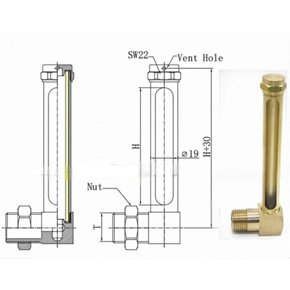 Mosiężny wskaźnik poziomu cieczy | Wskaźnik oleju 50-400mm M10 w kształcie litery L do zbiorników hydraulicznych, 1szt(M10 x 200mm)