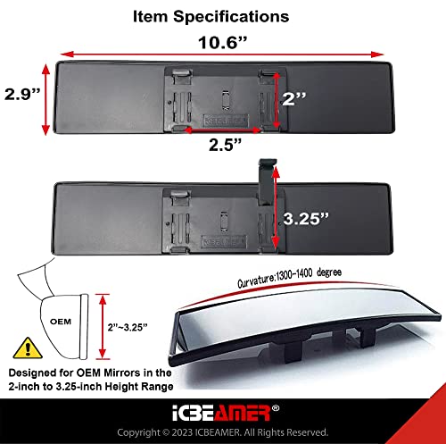 Icbeamer 270MM-CW-AMA-P1 10.6 Inch Car Rear View Mirror, Hd Clear Tint, Panoramic Wide Angle Convex Surface, 2 Interior Retractable Rubber Clips, Anti Glare, Automotive Accessories Universal thumb #4
