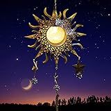 Wind Chimes, Hanging Solar Lights Outdoor, Sun Star & Moon Design, Sympathy Memorial Gift, Crackle Glass Windchimes for Outside Garden Decoration (Bronze)