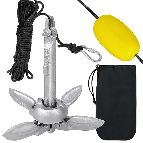 UISEBRT Bootsanker Verzinkt Anker Klappanker Faltklappanker 0 7KG Ankerset mit Karabiner 10 Meter Ankerleine Ankerboje und Transportbeutel Faltanker für Boot SUP Kajak Schlauchboot