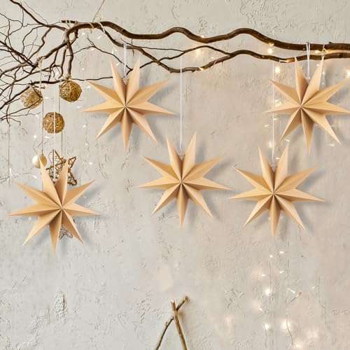 Image of SUNBEAUTY 5 Pcs 9-Pointed Natural Paper Star Lanterns 12 Inch Christmas Hanging Lamp Rustic Paper Decorations Shade Wedding Birthday Christmas Home Party Decorations