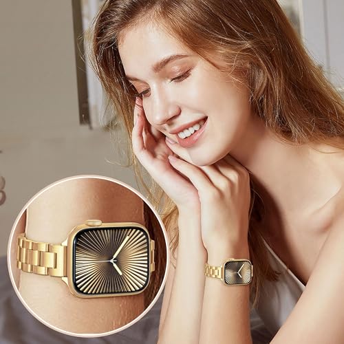 Image of Melyis Slim Metal Band Compatible with Apple Watch Bands for Women 46mm 45mm 44mm 42mm 49mm, Premium Stainless Steel iWatch Bands for Apple Watch Band Series 11 10 9 SE Series 8 7 6 5 4 3 2 1 Ultra, Gold