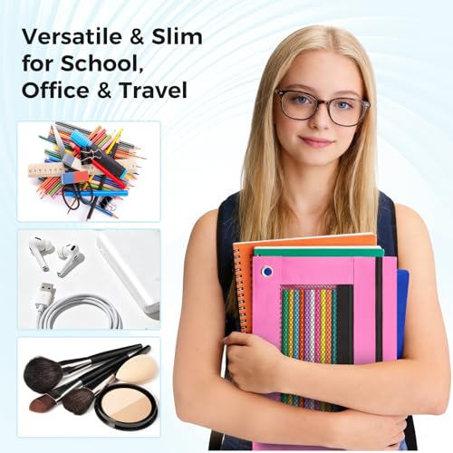 Image of Pencil Pouch for 3 Ring Binder - 3 Hole Zipper Pen Case Bag Holder Bulk Accessories Clear Window Aesthetic Organizer Pockets (Hot Pink)