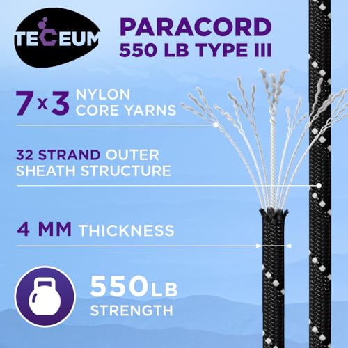 Image of TECEUM 5 /32 inch Paracord Rope 1000 - 1000ft / 200ft / 100ft / 50ft - Tactical Parachute Cord 4mm - 45+ Colors - Nylon String for Survival & Camping Gear - Stripe Cord for Survival - Utility Rope