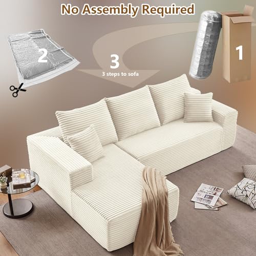 Image of 107 inch Cloud Sectional Couch with L-Shape Chaise, Modern Modular Comfy Sofa with Deep Seat, Upholstered Corduroy Couches Sleeper Chaise Longue for Living Room Bedroom, No Assembly Required, White