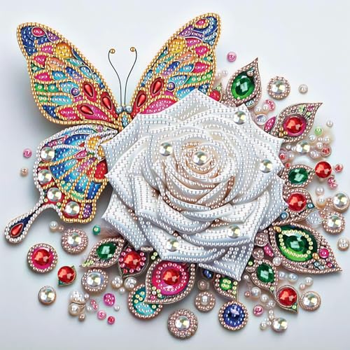 Image of 5D Special Shape Diamond Art Kits for Beginners, Diamond Painting Kits for Adults, Crystal Rhinestones Diamond Painting for Home Wall Decoration Gift 12x12 inch /30x30 cm, Butterfly and White Rose