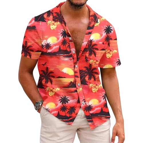 COOFANDY Mens Hawaiian Shirts Short Sleeve Casual Button Down Tropical Beach Shirt Small Sunset Red