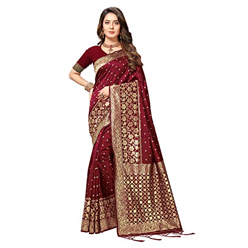 Rekha Maniyar Silk Women's Thread And Zari Work Woven Banarasi Saree With Tassels And Unstitched Blouse Piece (Mysoremagic)