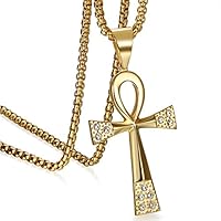 JewelryWe Ankh Kreuz Kette Herren: Partneranhänger Partnerkette Edelstahl Strass Ägyptische Ankh Kreuz Amulett Anhänger Halskette für Männer Gold Geschenk
