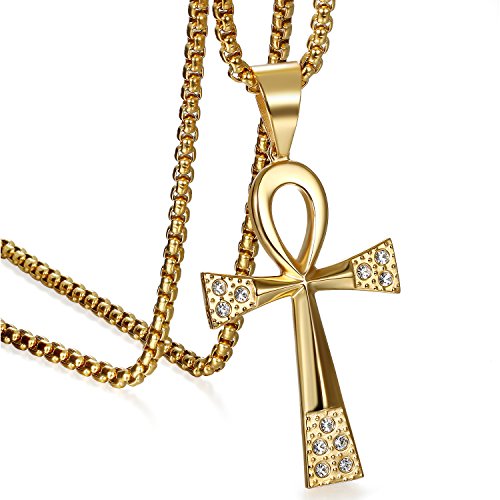 JewelryWe Ankh Kreuz Kette Herren: Partneranhänger Partnerkette Edelstahl Strass Ägyptische Ankh Kreuz Amulett Anhänger Halskette für Männer Gold Geschenk