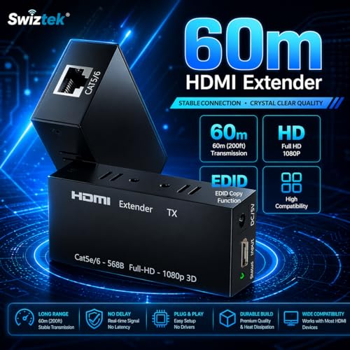 Image of Swiztek HDMI Extender 60M Over Cat5 Cat6 Full HD 1080P | Includes transmitter and receiver. Extends HDMI up to 60M over a single Cat5 /Cat6 cable. Supports Full HD 1080P and 3D.