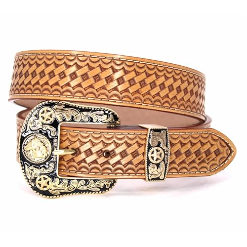 West Star Texas Cowboy Belt for Men - Genuine Leather Western Belt with Engraved Buckle Country Rodeo Style (Brown Basketweave L)