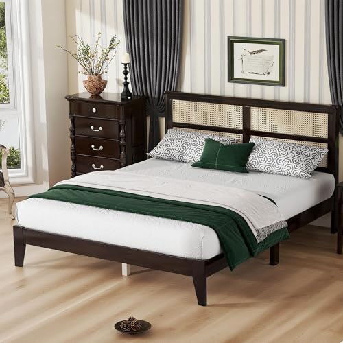 Goldshire Queen Size Bed Frame with Rattan Headboard, Bohemian Vintage Style Solid Rubber Wood Bed Frame with Enhanced Support Feet, No Box Spring Needed