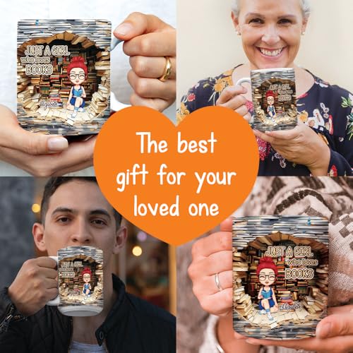 Image of Personalized Books Lover Mug, 11oz 15 oz Ceramic Coffee Cup, 2D Cracked Wall Reading Girl Design, Gift for Women Readers, Christmas