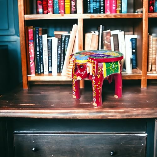 Image of Hand-Crafted and Emboss Colorful Painted Wooden Elephant Shape Round Stool for Home /Office /Living or Bedroom Decor,Decorative Showpiece (8 Inches Height, Red)