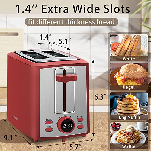 Seedeem Toaster 2 Slice, Bread Toaster With Lcd Display, 7 Shade Settings, 1.４'' Variable Extra Wide Slots Toaster With Cancel, Bagel, Defrost, Reheat Functions, Removable Crumb Tray, 900W, Retro Red #TOP1
