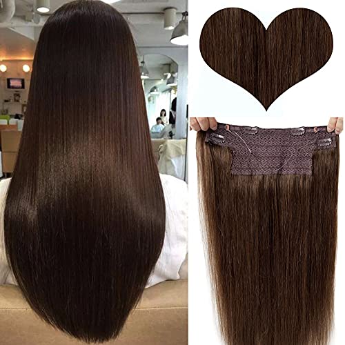 wire Hair Extensions Medium Brown Remy wire Human Hair Extensions Invisible Wire Hairpiece with Secrect Fish Line Real Hair Extensions Straight Human Flip in Hair Extensions 14 inch 70g for Women