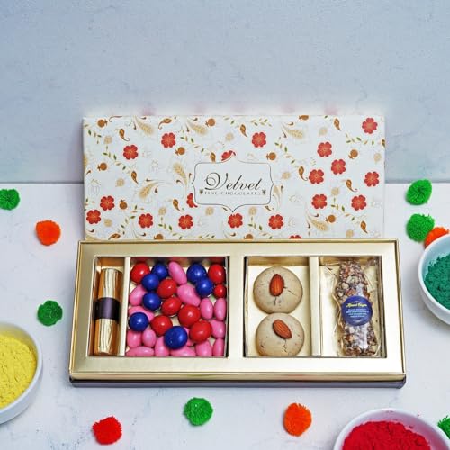 Image of Velvet Fine Chocolates Premium Holi Chocolate Gift Colourful flavours 1fruit and nut chocolate log ,75 gms assorted dragees ,2 nankhatai ,1 almond finger Holi Gift Pack for Kids, Family, Friends, Employees