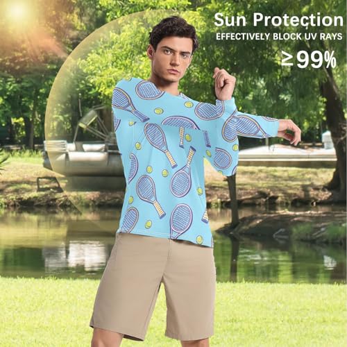Bolaz Mens UV Protection Shirts Rash Guard Long Sleeve UPF 50+ Tennis Racket Blue Quick Dry S4