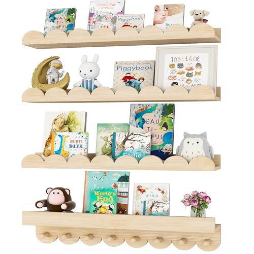 Image of CLLASOU 24 Inch Floating Shelves for Wall, 4-Pack Nursery Book Shelves with Hooks, Scalloped Shelves, Wall Book Shelves for Kids Room, Toddler Room, Baby Room, Nursery Decor