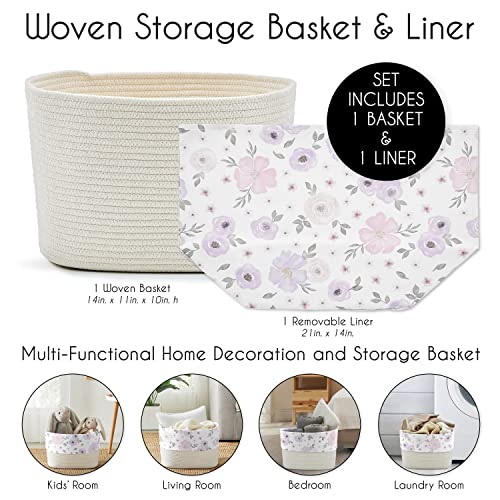 Sweet Jojo Designs Lavender Purple Boho Floral Girl Woven Storage Basket Decorative Cotton Rope Lined Bin Baby Nursery Kids Bedroom Toys Closet Organizer Grey Bohemian Farmhouse Shabby Chic Watercolor #TOP4