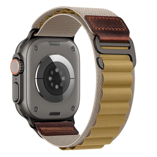 Image of MRAIN-H Leather Design Compatible with Apple Watch Bands Ultra 3 2 1 (49mm) & Series 11 10 9 8 7 6 5 4 SE 3 2 1 (46mm 45mm 44mm), Soft Stretchy Nylon Sport Band for iWatch Men Women