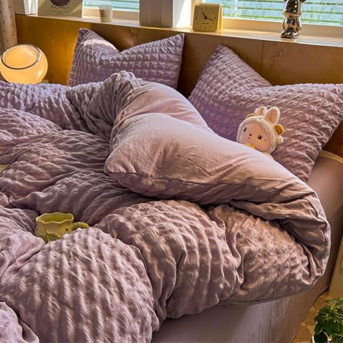 Juego de Funda nórdica algodón Lavado a Rayas, Ropa de Cama de Seersucker súper Suave de 4 Piezas, Juego de Funda nórdica Reversible a Cuadros, con Cierre de Cremallera,Púrpura,King