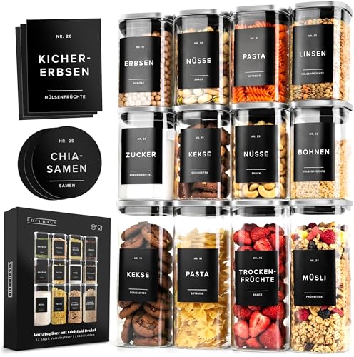 EDELHAUS Vorratsgläser mit Deckel mit Edelstahl Abdeckung (4x 900ml, 8x 500ml) Vorratsdosen mit Deckel & 114 Vorratsetiketten - Lufdichtes Vorratsglas - Stapelbare Glasbehälter für Küche [3mm Glas]