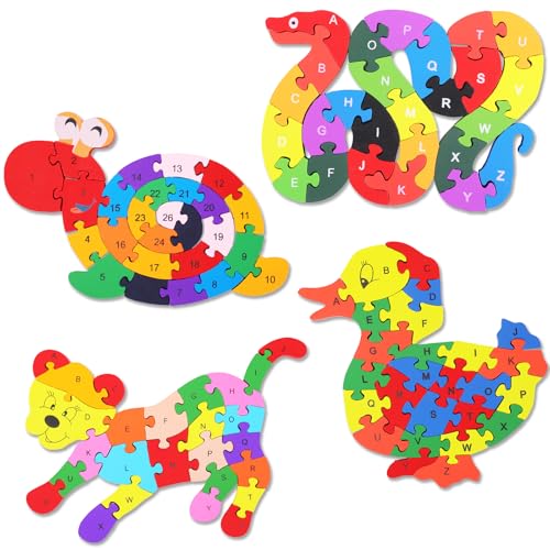 Image of Yunsailing 4 Pcs Alphabet Jigsaw Puzzle Wooden Blocks Toys Alphabet Educational Toddler Puzzle Toys for Preschool Learning Party Favor Gift Learning (Snake, Snail, Duck, Leopard)