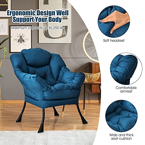 Giantex Modern Lazy Chair, Accent Contemporary Lounge Chair Polyester Fabric W/Steel Frame, Upholstered Single Sofa Chair W/Armrests & Side Pocket, Leisure Sofa Chair (Navy) #TOP3