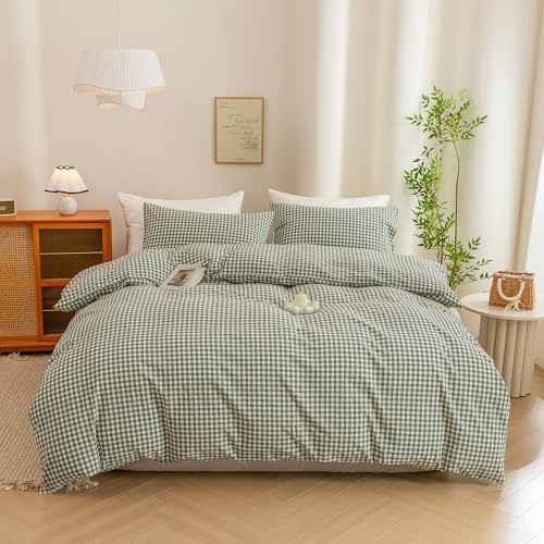 Image of ECOCOTT Green Gingham Duvet Cover King Size 100% Washed Cotton Like Linen Feel Super Soft & Comfy Bedding Set Modern Checkered Design for All Seasons