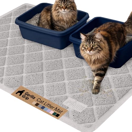 Image of GORILLA GRIP Cat Litter Box Mat, 47x35, Cushioned Coil Mesh Litter Trapping Mats, Scatter Control Supplies for Less Mess, Phthalate Free, Ultra Deep Catch Grooves, Rinse or Vacuum to Clean, Light Gray