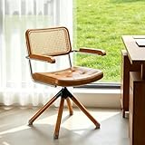 Zouron Rattan Desk Chair, Mid Century Modern Swivel Chair No Wheels, Faux Leather Upholstered Office Chair with Wood Legs, Accent Armchair for Home Office Living Room Bedroom, Brownchair