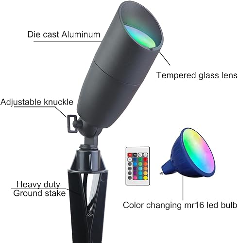 Miniatura 5 de Cheopha Iluminación de paisaje de bajo voltaje que cambia de color, 12 V, bombilla LED RGB MR16 reemplazable de 5 W, blanco cálido y 15 colores,