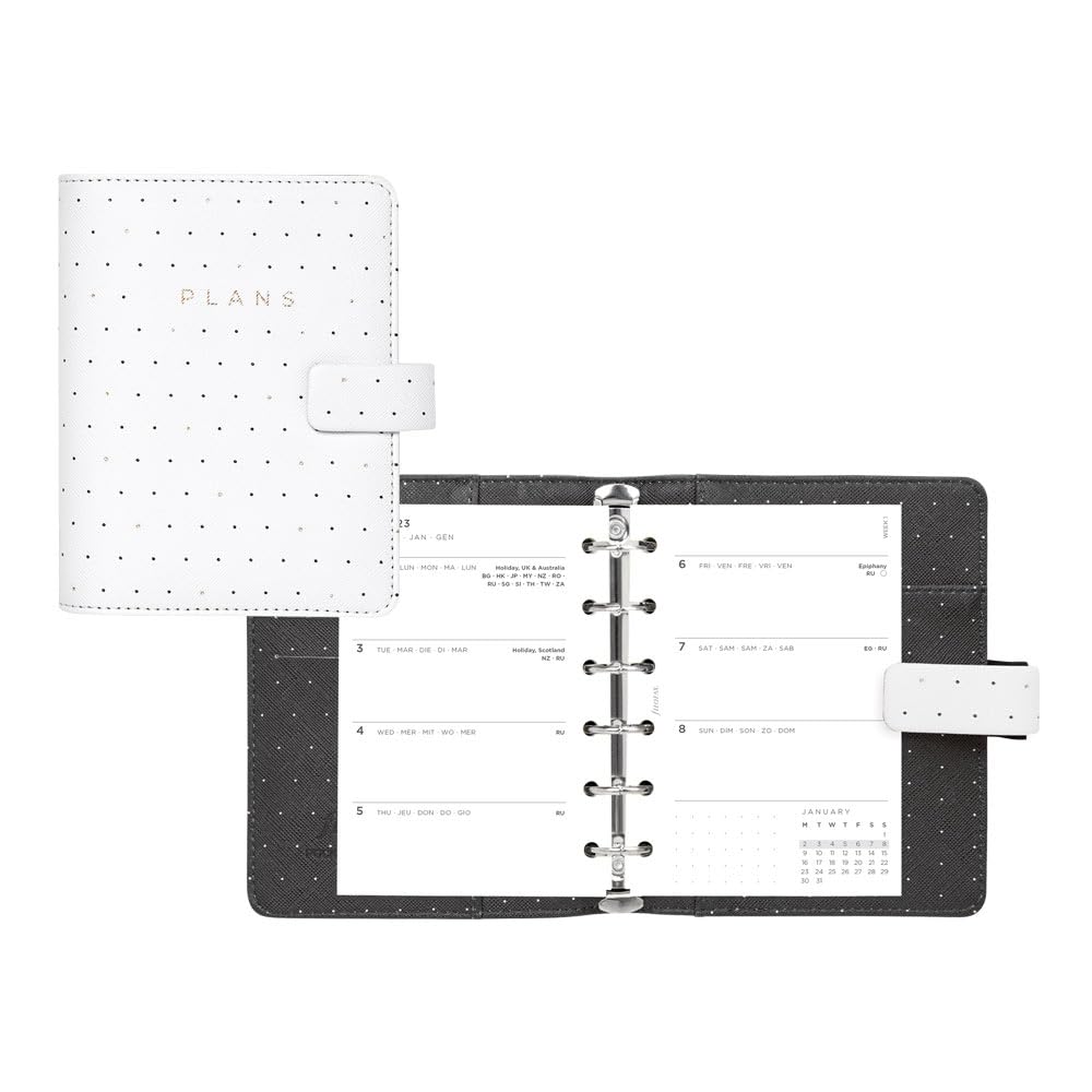 Filofax Moonlight Organizer, agenda tascabile bianca – effetto pelle, dettagli oro, sei anelli, visualizzazione settimanale, calendario 2025 (C022650-25)