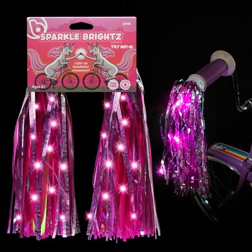 Bike Streamers for Girls (2 Pack Pink) LED Light Up Tassels Accessories for Kids Handlebar Ribbons Bicycle Handles