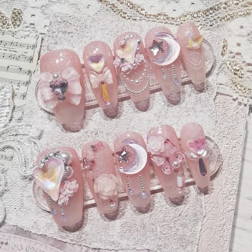ネイルチップ ロング ピンク 付け爪 3Dデザイン おしゃれ 10枚入 プラスチック製 サイズS/M/L パーティー 結婚式 卒業式 成人式 記念日 プレゼント ギフト 女性向け 可愛い キラキラ 光沢 耐久性 簡単装着 多用途 季節問わず イベント 撮影