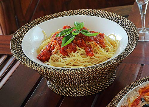 Round 12 Inch Woven Bowl with Stand with Porcelain Bowl Insert, 2.5 Quart