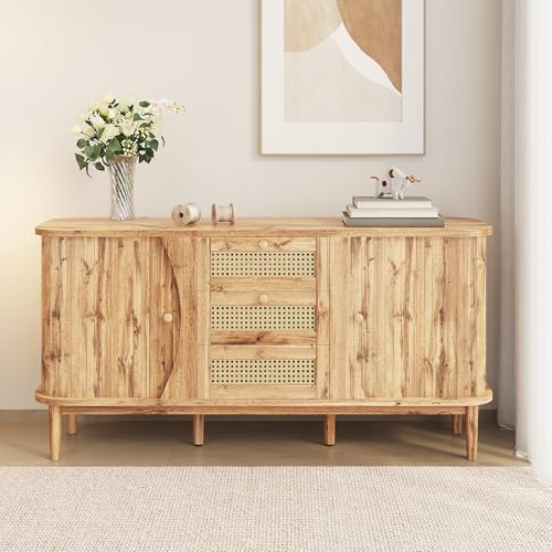 LULUWA Buffet avec portes coulissantes 140,5x40x76cm, commode en rotin avec étagères réglables...