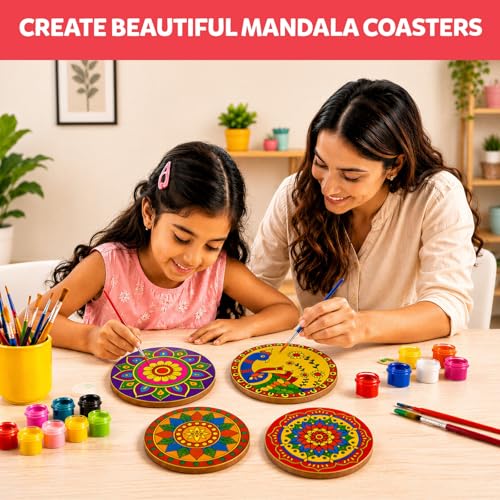Image of Little Berry Mandala Coaster Painting Kit for Kids & Adults | DIY Wooden Tea Coaster Craft Kit with 6 Pre-Marked Coasters, 12 Non-Toxic Paints, Brush & Stand | Art & Craft Gift for Boys & Girls 5+