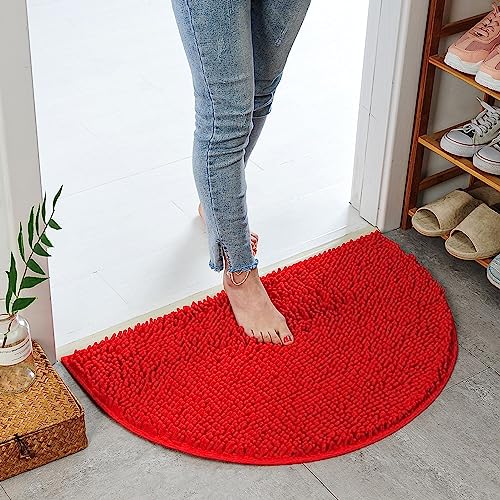 Eanpet Half Round Bath Mat Red Bathroom Rugs Semicircle Chenille Bath Rugs Water Absorbent Floor Mats for Kids Washable Bathroom Shower Mat Area Rugs (19.2 x 31.1)