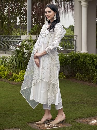 Womanista Women's Off White Color Pure Cotton Sequinns & Zari Embroidered Flared Kurta Set(Kurtaset_1369_Xl)