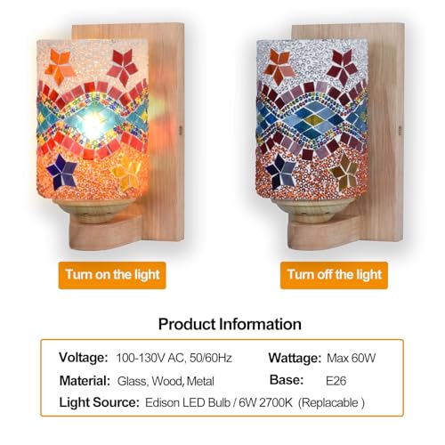 Image of Bedside Colored Mosaic Glass Wall Sconce, Handmade Mediterranean Bohemian Turkish Moroccan Wall Lamp Stained Glass Wall Light Fixtures for Bedroom Living Room Hallway Vanity Corridor Bulb Included