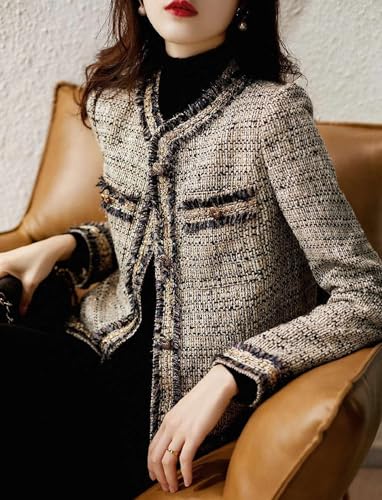 Image of Women's Fashion Tweed Jackets Button Down Cropped Short Cardigan Open Front Long Sleeve Casual Outerwear Sweaters