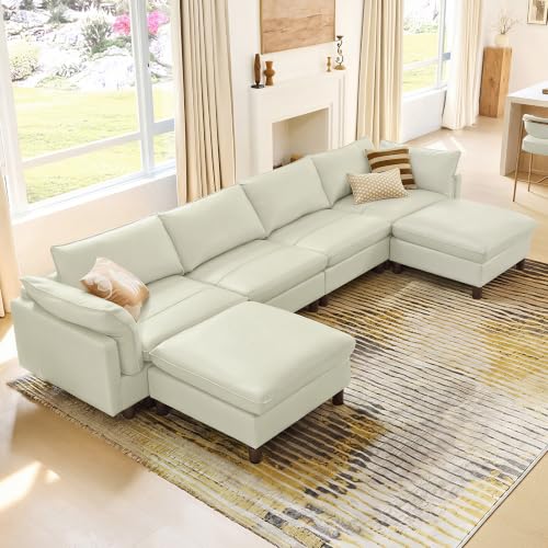 Image of CHITA 161 inch Leather Super Large Sectional Couches for Living Room, Modular Cloud Sofa, Premium Genuine Leather Sofa, Down Filled, High Density Foam, Real Leather in Cream, 6 Seat U Shaped