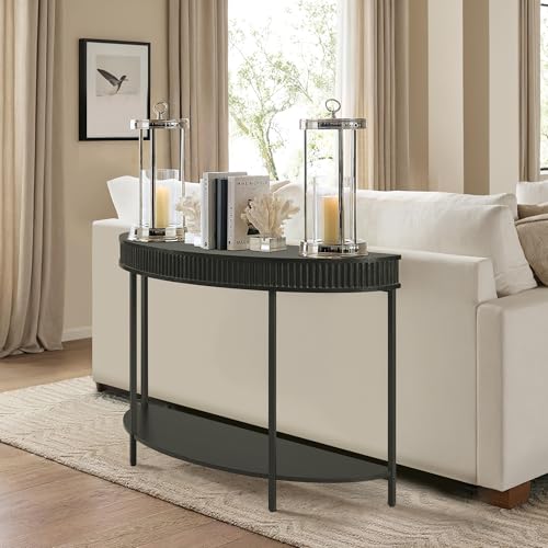 unipaws Fluted Half Moon Console Table, Modern 2-Tier Black Entryway