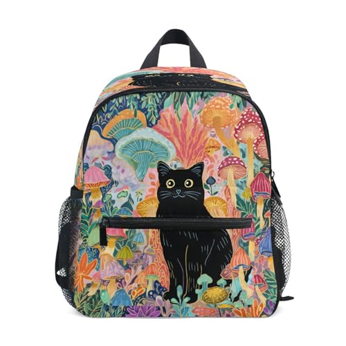 panksolu Mushroom Black Cat Toddler Backpack for Boys Girls,Kid Backpack with Chest Clip and Name Tag, M