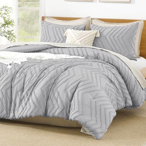 Image of Litanika Boho Queen Comforter Set, 3 Pcs Light Grey Lightweight Bedding Set